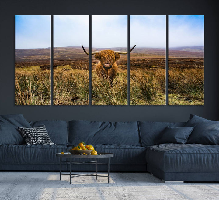 A Scottish Highland Cow art print canvas with UV-protection adorns the wall, preserving vivid details.