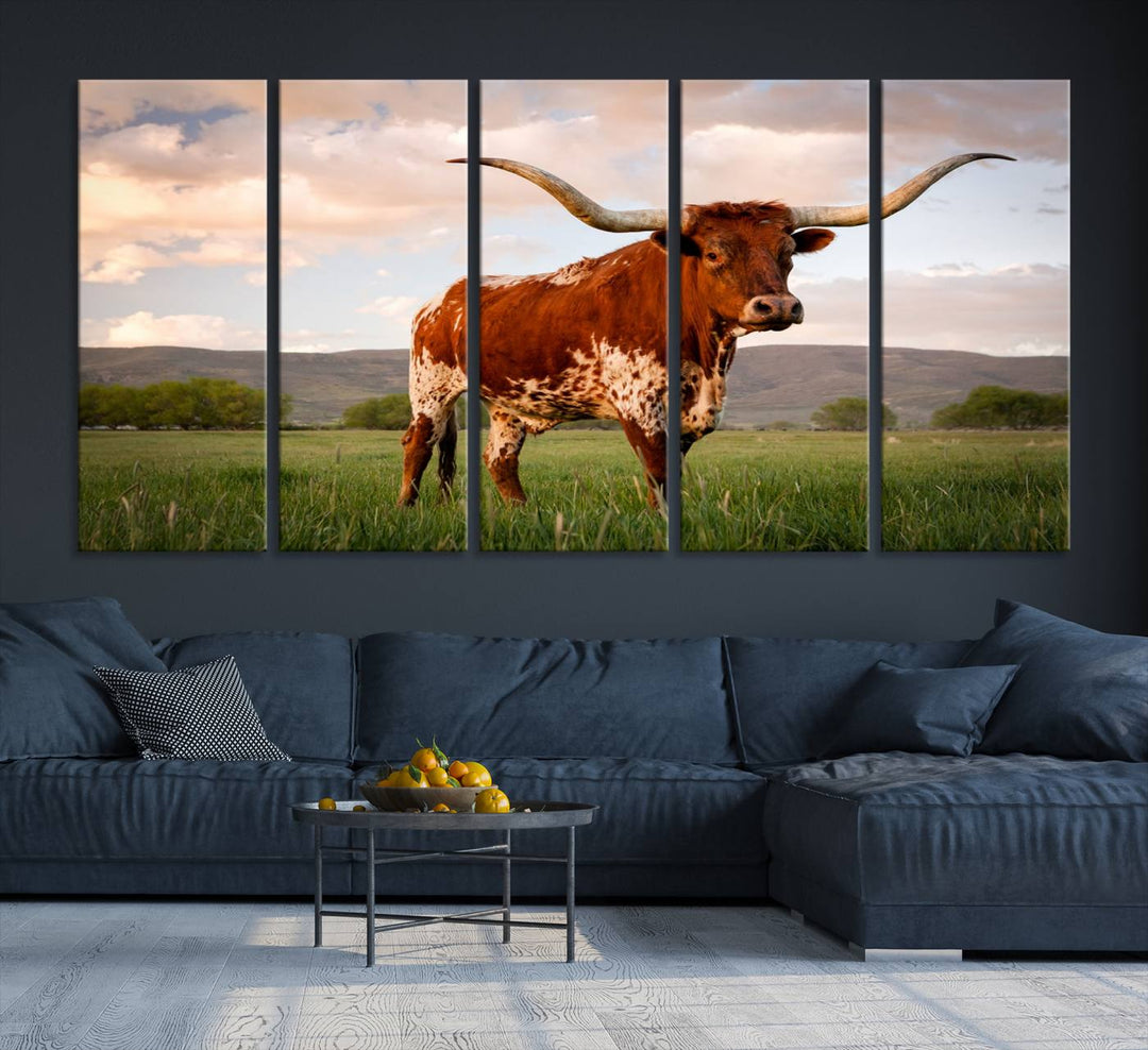 The Texas Cow Canvas Wall Art print captures a longhorn cow at sunset and is ready to hang.