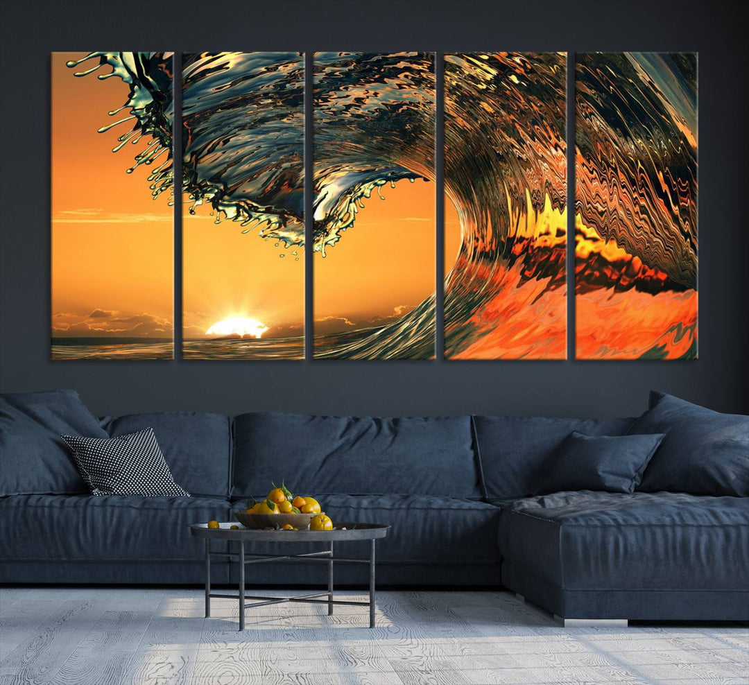 The Ocean Wave With Perfect Sunset canvas wall art adds a striking focal point to the room.