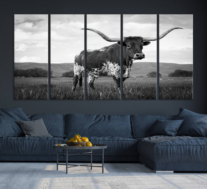 A Black and White Longhorn Texas Cow Canvas Wall Art.