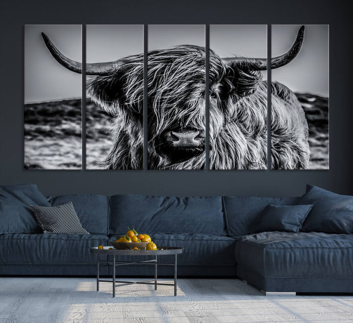 The Black and White Cow Wall Art Canvas Print is displayed.