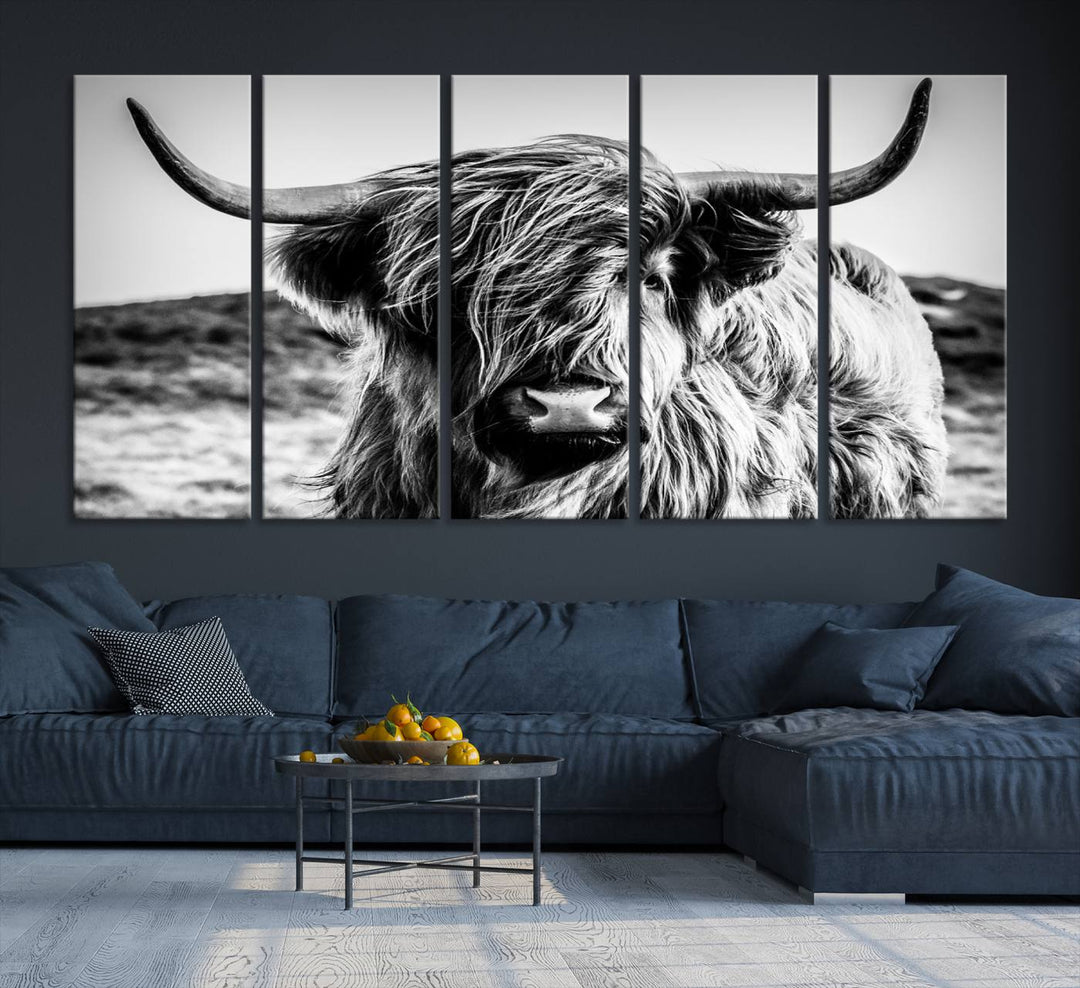 A Black and White Scottish Cow Canvas Print adorns the kitchen wall, perfect for farmhouse decor.