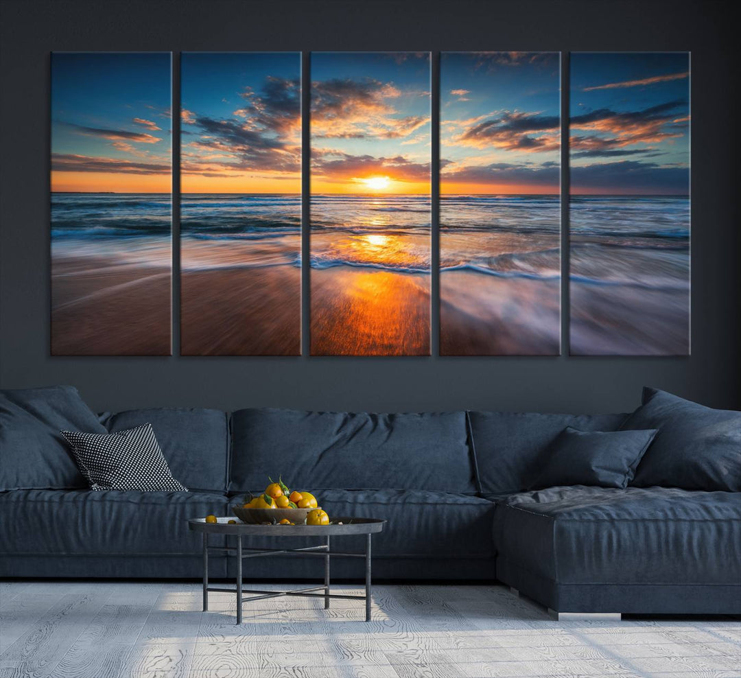 A museum-quality Beautiful Sunset over the Horizon canvas adorns the living room wall.