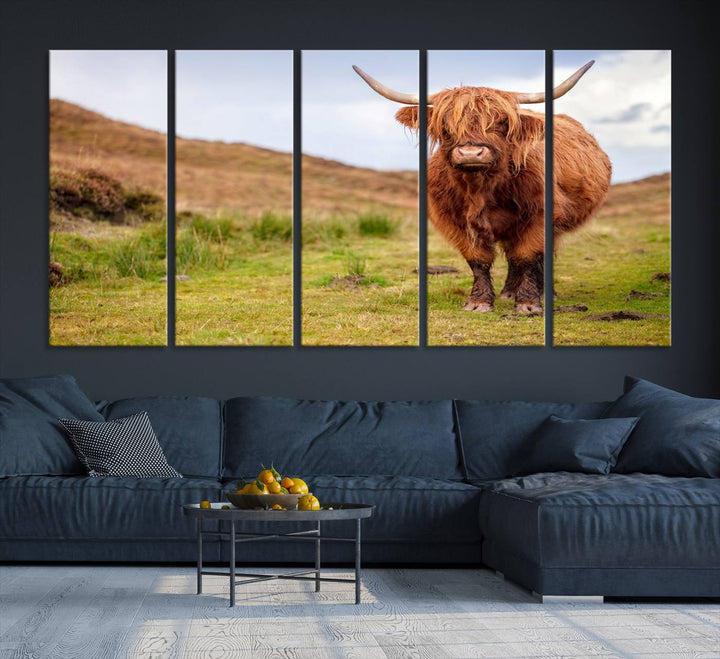 A Highland Cow Animal Canvas Wall Art hangs on the wall, adding warmth to the room.