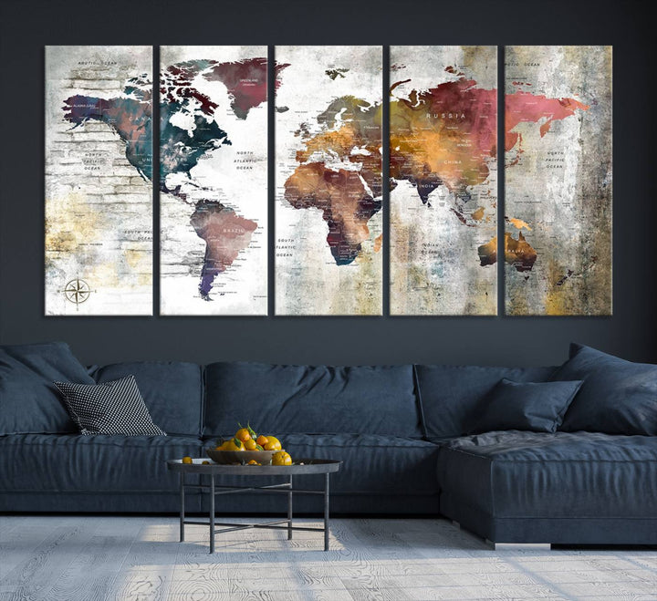 World Map Wall Art Triptych | 3-Panel Canvas Print Featuring Antique Style Map for Living Room, Office, Study, or Home Decor | Vintage Map Wall Art