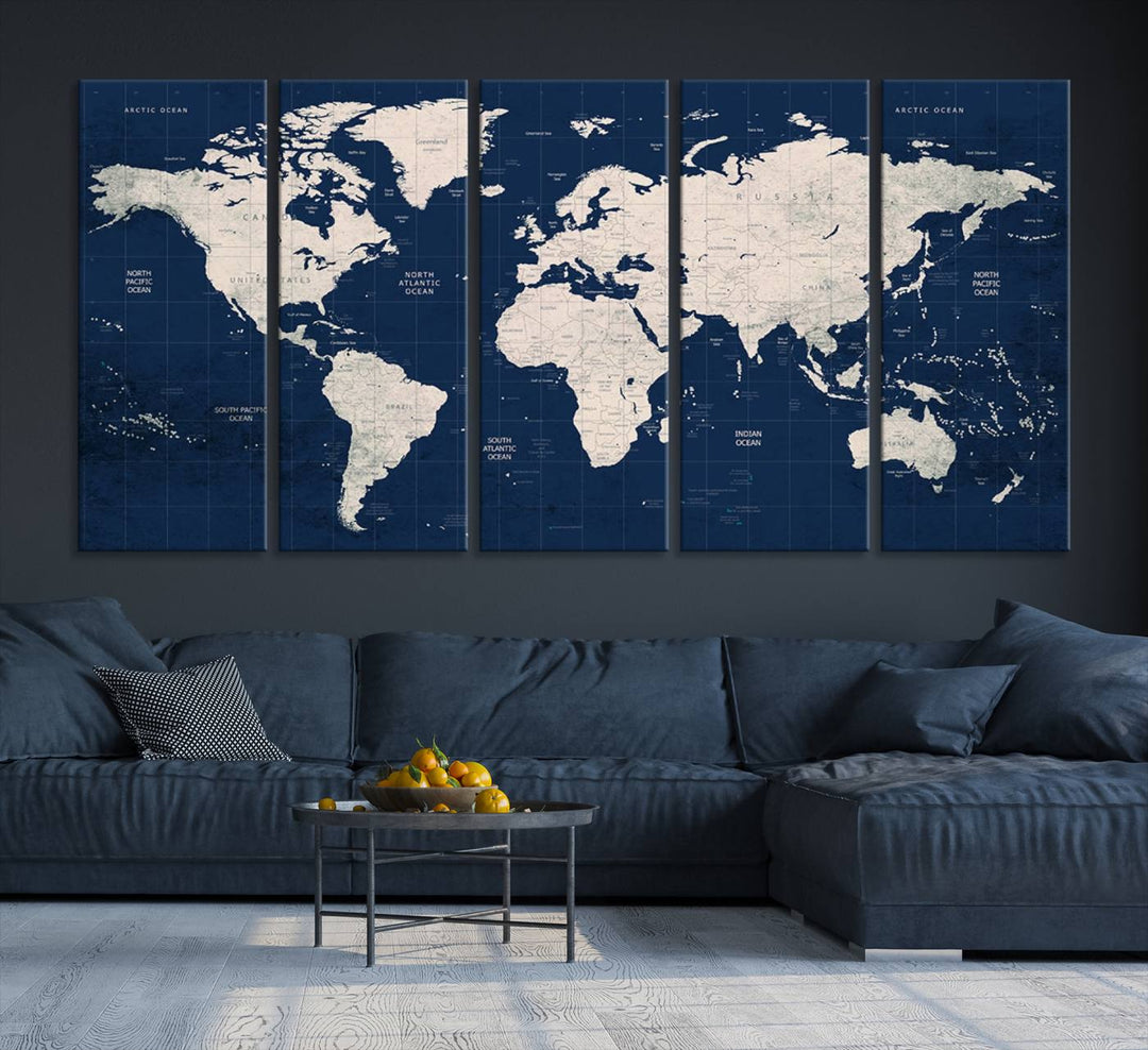 Large modern world map wall art canvas print in beige and navy; showcases a 3-panel vintage map design and is ready to hang.