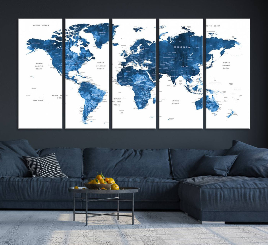 Navy Blue Wall Art World Map Canvas Print, an ideal piece for anyone seeking unique home or office decor.