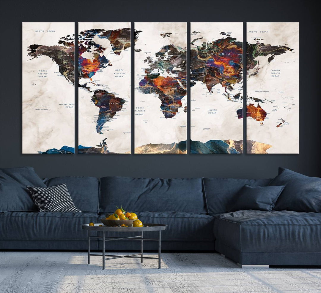 Watercolor World Map Canvas Print in earthy hues with a grunge background, ideal for wall decor.