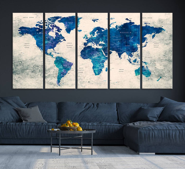 Navy Blue Push Pin World Map Canvas Print featuring a grunge-stained background, with labeled countries and oceans.