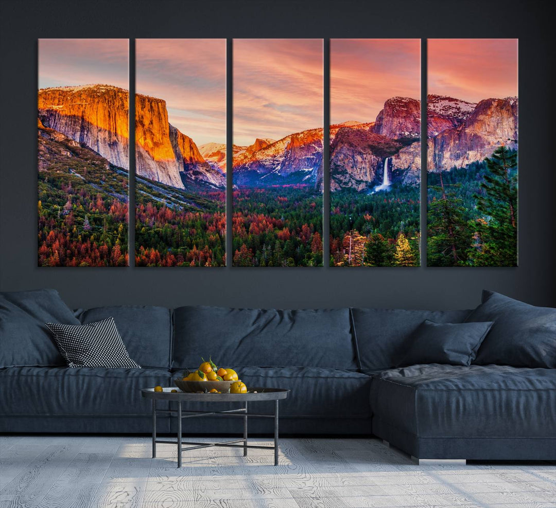 An El Capitan Yosemite Canvas showcasing a sunset over a mountain valley.