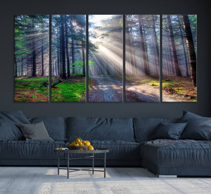 The dining area features a 3-panel Forest Path Canvas showcasing sun rays filtering through a misty forest.