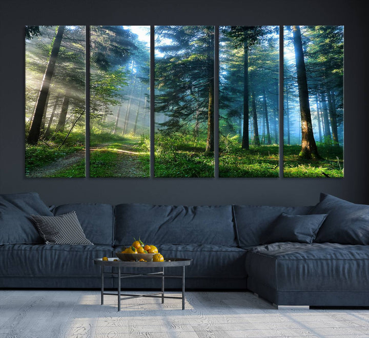 Enhancing the space is the Forest Sun Shine wall art canvas print, showcasing a serene forest scene.