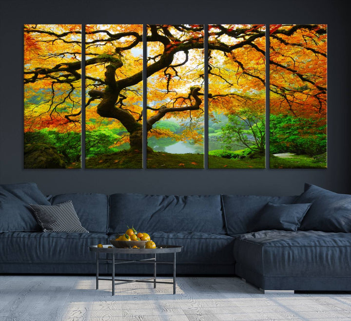 The Portland Japanese Maple Tree Canvas adds elegance to a modern living room.