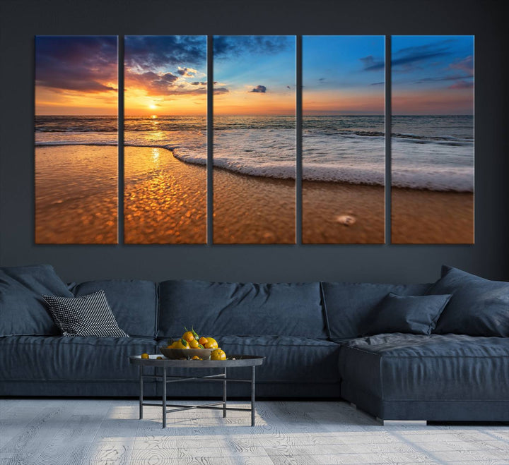 The Golden Sunset Beach Waves Triptych adds a modern coastal touch with its stunning seascape.