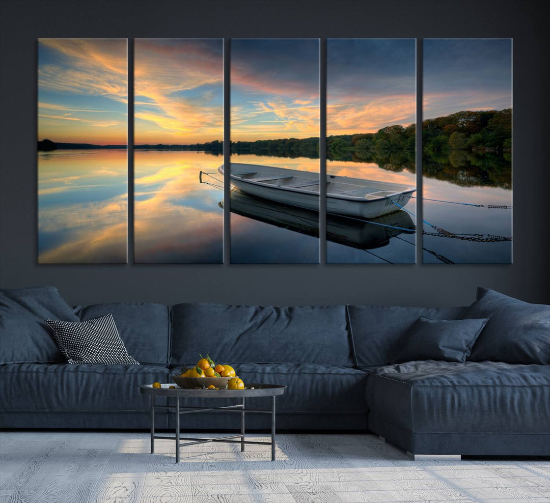 Serene Rowboat on Calm Lake Triptych Canvas Art, Giclee Wall Art of Peaceful Sunset Reflections, Tranquil Landscape Wall Art for Home or Office