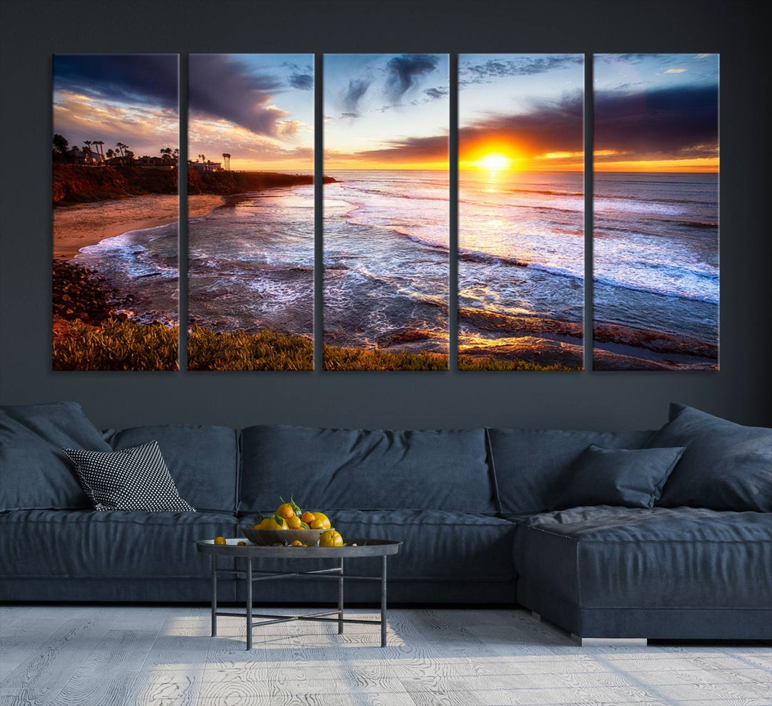 California Coastline Sunset Canvas Art, Ocean Waves Crashing on Cliffs, Giclee Canvas Print for Beach House Decor