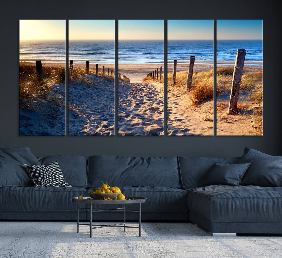 Tropical Beach Sunset Canvas Art, Ocean Waves and Sandy Shoreline Wall Art, Large Beach Decor for Coastal Homes