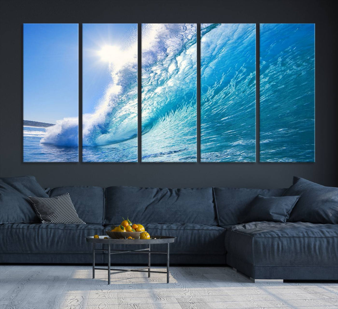 Blue Big Wave Surfing Ocean Canvas Wall Art Artwork Print , Surf Wall Art, Sea Wall Art