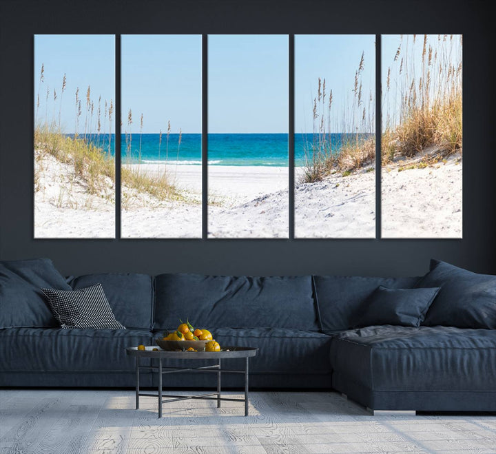 Serene Coastal Dune Path with Ocean View, 3-Panel Beach Canvas Art; tranquil seascape for coastal decor.