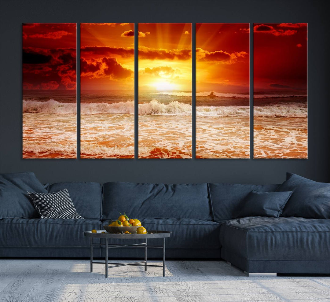 The Red Sunset Ocean Beach Canvas depicts ocean waves.