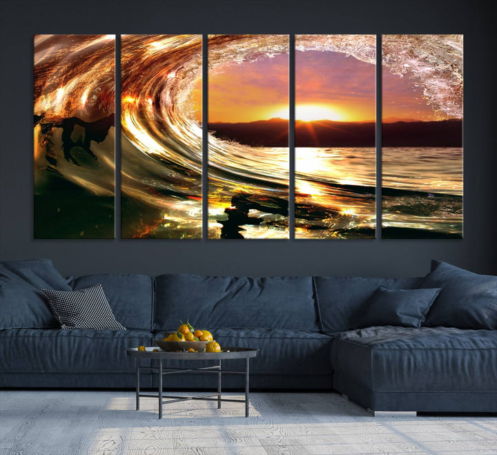 The Golden Wave Sunset Triptych Canvas Art showcases an ocean wave at sunset, casting warm light.