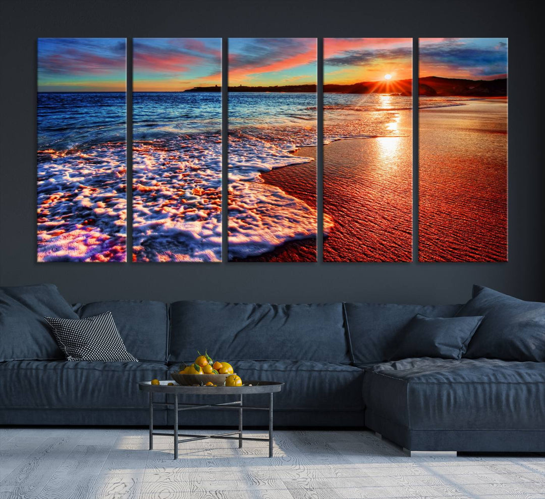 The Colorful Coastal Sunset on the Beach canvas print portrays ocean waves at dusk.