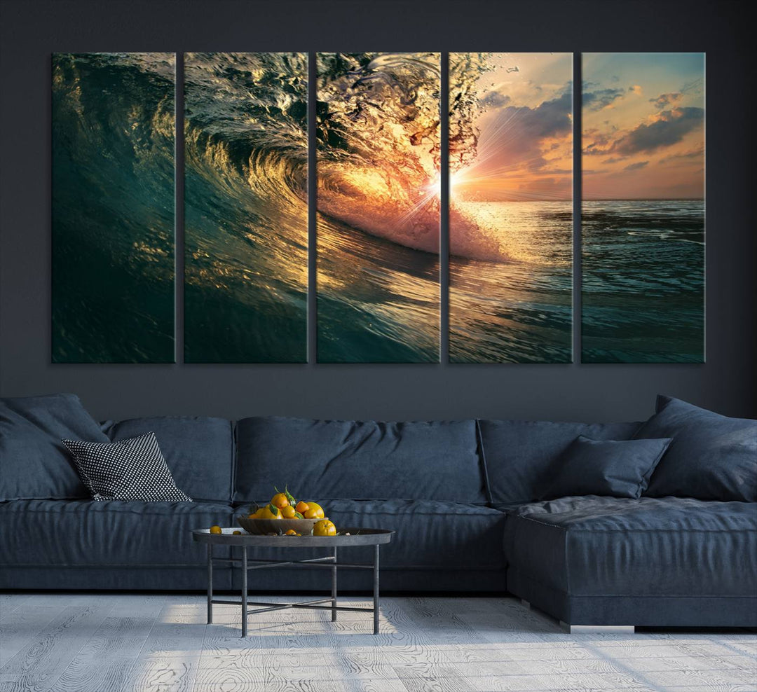 A triptych seascape titled Ocean Wave Sunset Canvas, featuring a stunning ocean view at sunset, is beautifully framed and ready to hang.