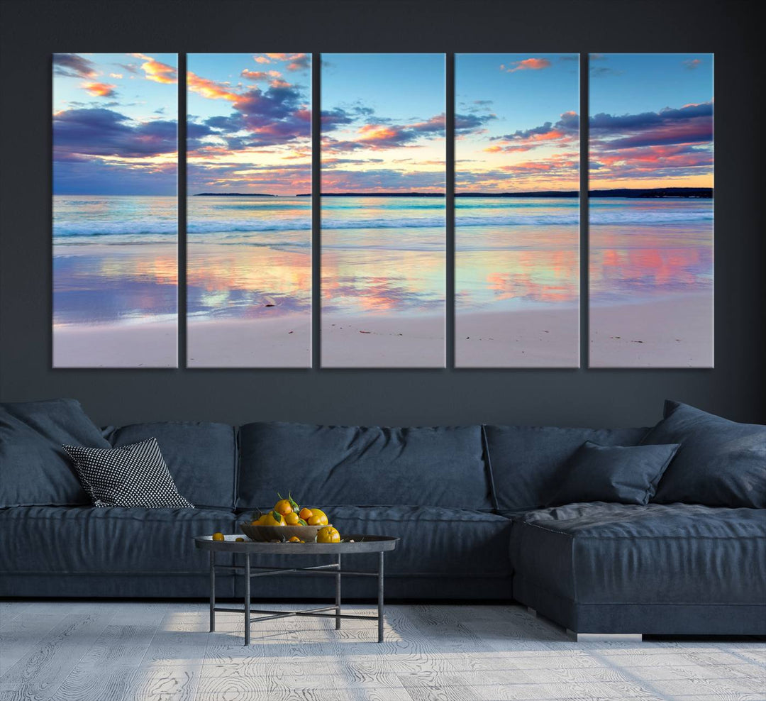 Tranquil Pastel Sunset Beach Triptych Canvas Art, Soothing Coastal Ocean Shoreline Giclee Print, Beach Reflections Wall Decor for Serene Spaces