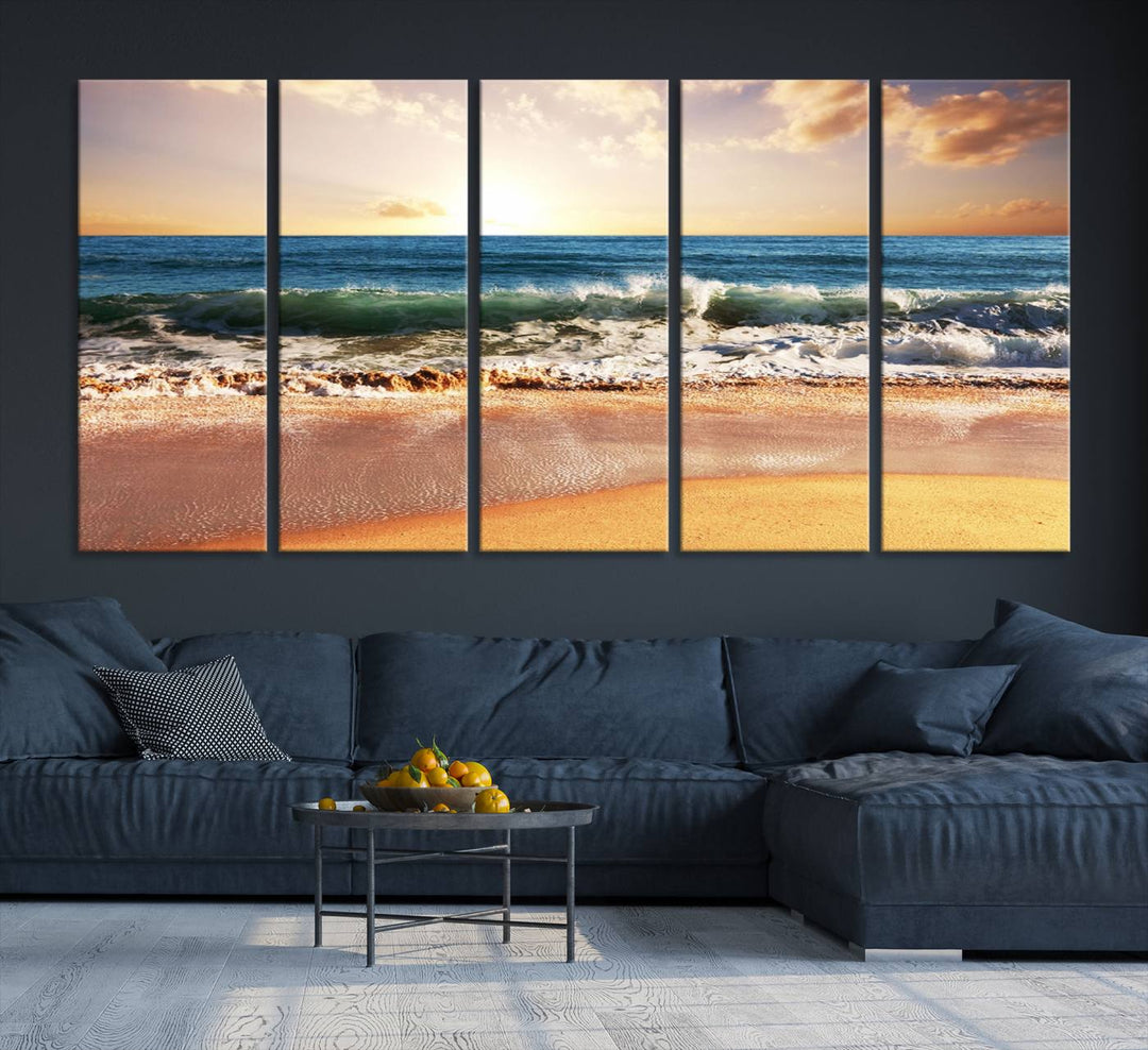 The wall features a Canon-quality Serene Beach Path canvas giclee print, depicting coastal dunes.