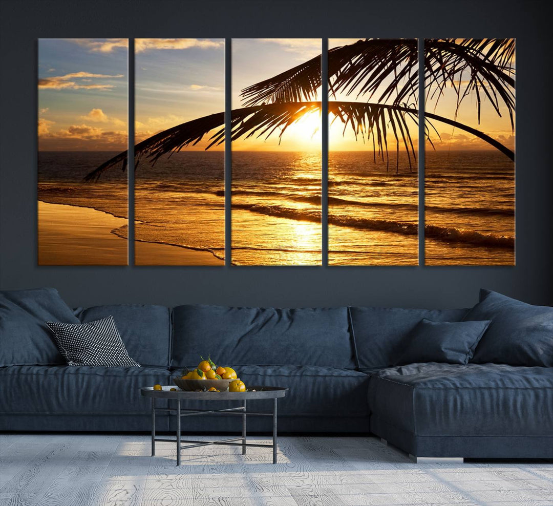 Golden Tropical Beach Sunset Canvas Triptych: Coastal Palm Art & Giclee Print with Gallery Wrap, capturing golden waves.