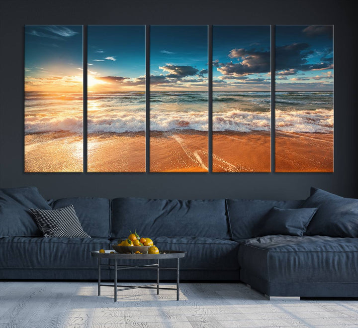 A Golden Sunset Beach Triptych Canvas Art hangs on a white wall.