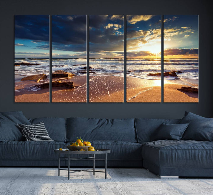 The Golden Hour Beach Sunset triptych adorns the wall with its captivating imagery.