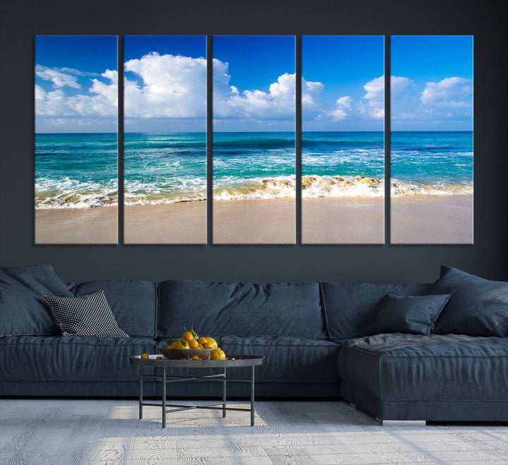 Tropical Beach 3-Panel Canvas Wall Art – Serene Ocean Waves and Blue Sky – Giclée Print for Living Room, Office, or Bedroom Coastal Decor