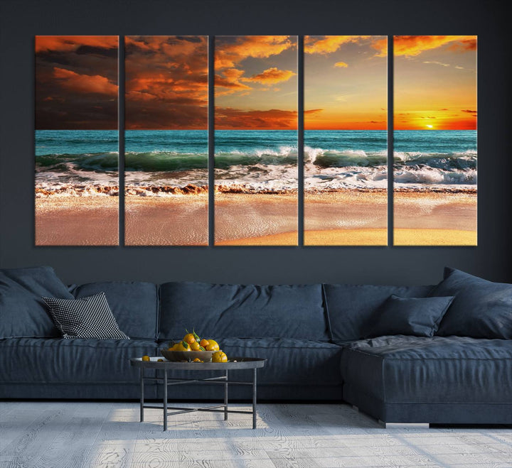 A Golden Sunset Beach triptych seascape canvas hangs on the wall.