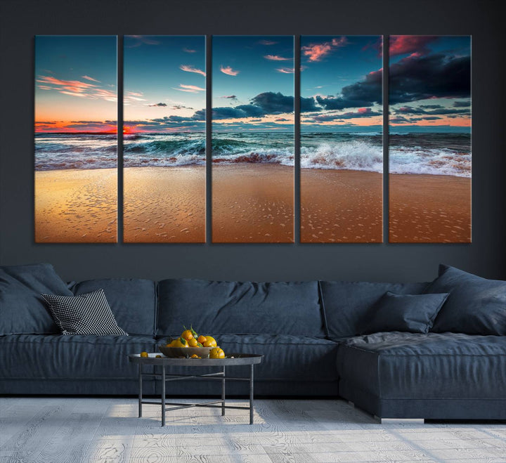 Sunset on Beach Wall Art: Waves under a vibrant sky. Crafted on museum-quality canvas, ready to hang and admire.