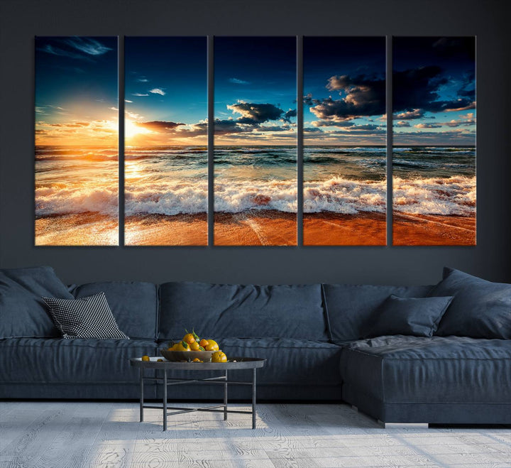 Golden Hour Sunset Over Ocean Waves Canvas: 3-Panel Coastal Landscape Art with Stunning Beach Photography Print.