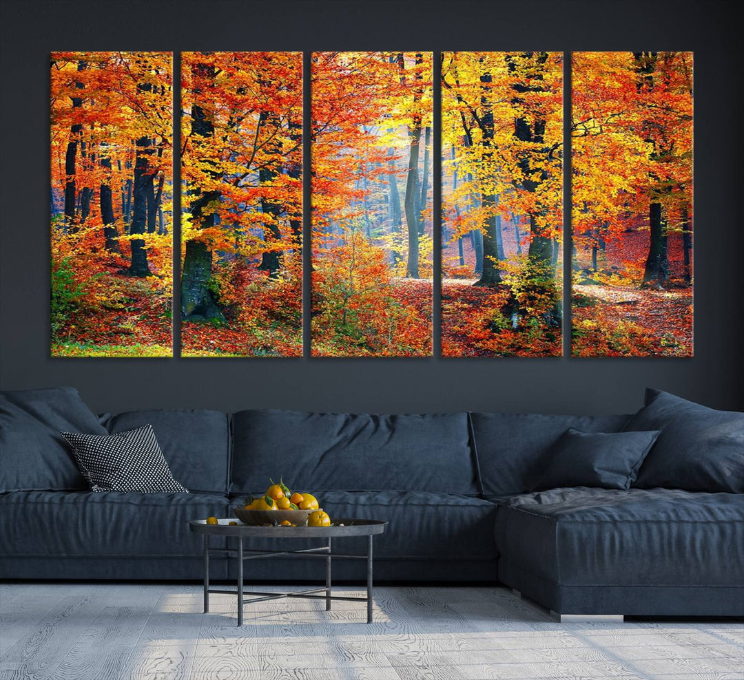 The room features an Autumn Red Forest Triptych Canvas Wall Art.