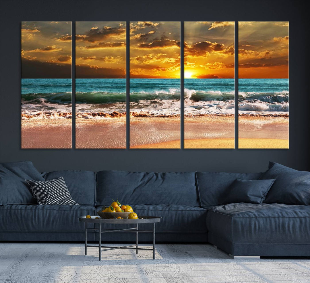 Golden Sunset Beach Canvas Triptych adorns the cozy room, creating a stunning focal point.