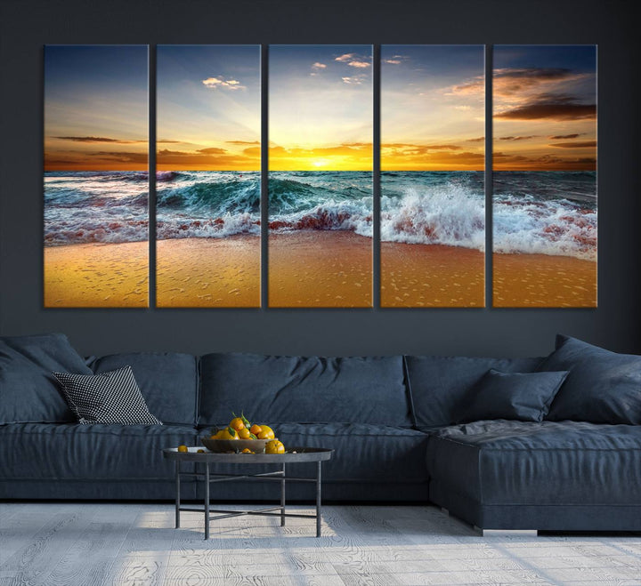 The kitchen features the Golden Sunset Ocean Waves multi-panel coastal wall art canvas.