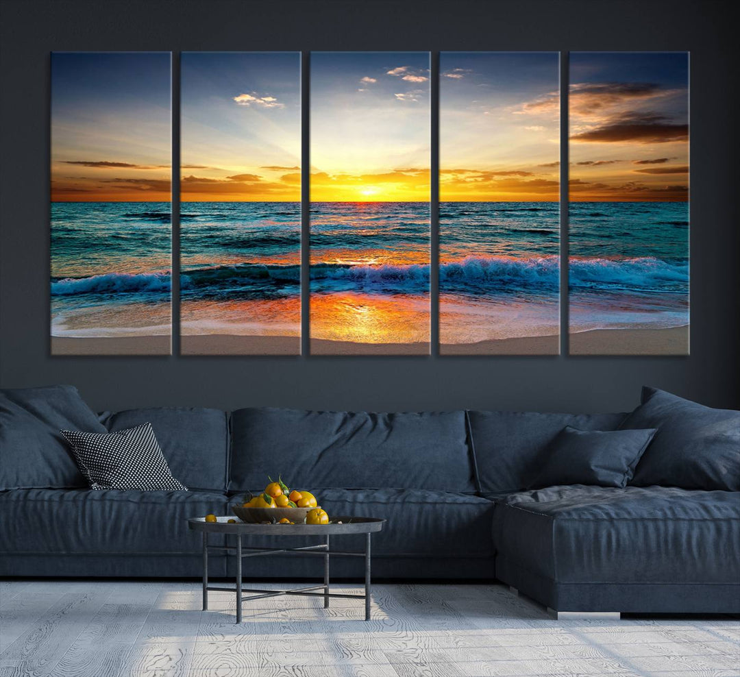 A kitchen dining area with coastal wall art.