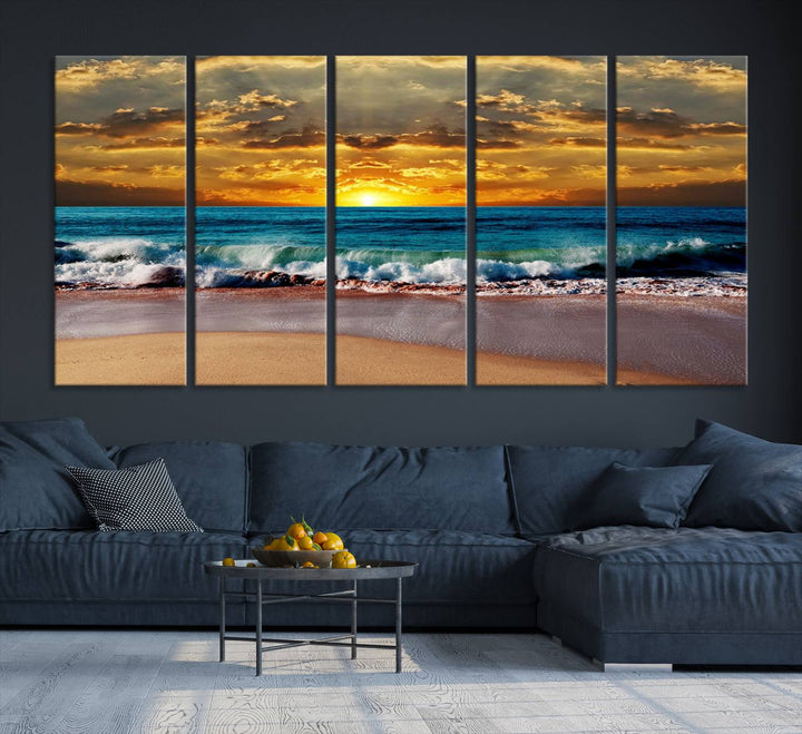 The Ocean Sunrise Over Golden Beach Waves wall art is prominently displayed, capturing the serene beauty of a beach at sunrise.