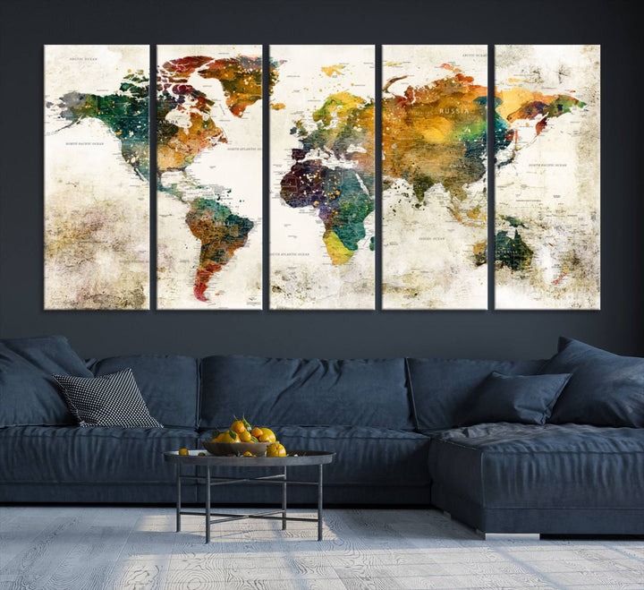 A 3-panel vintage world map canvas art is displayed.