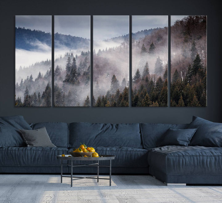 A museum-quality canvas of Beautiful Rising Fog in Winter Mountain Landscape hangs on the wall.