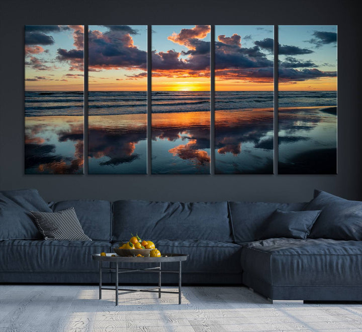 A Beach Sunset Print - Stunning Ocean Canvas Artwork adorns the wall.