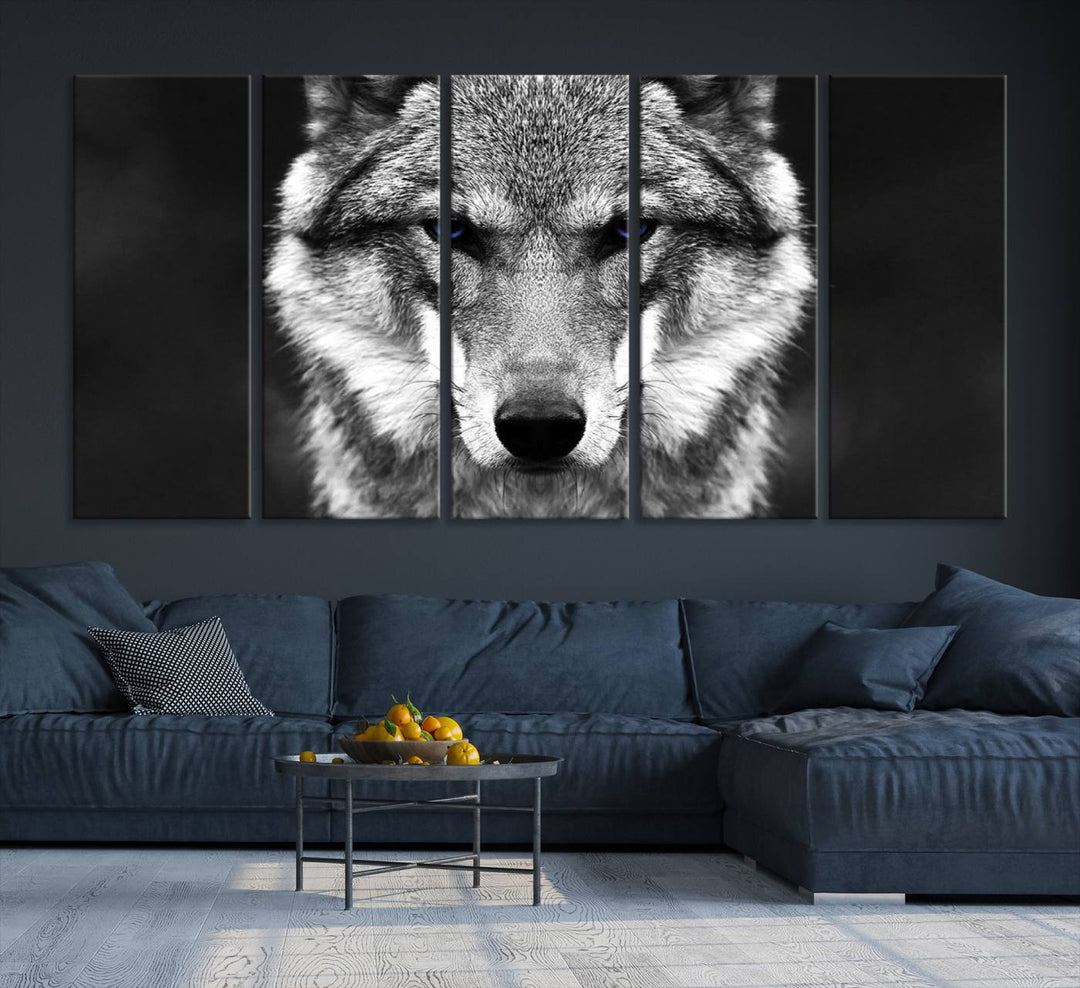 A ready-to-hang Black and White Wild Wolf Wall Art Canvas Print.