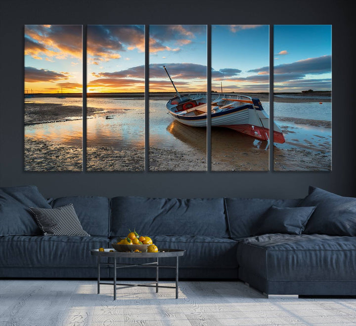 The Small Boat At The Beach Sunset wall art canvas print features UV coating, is museum-quality, and is ready to hang.