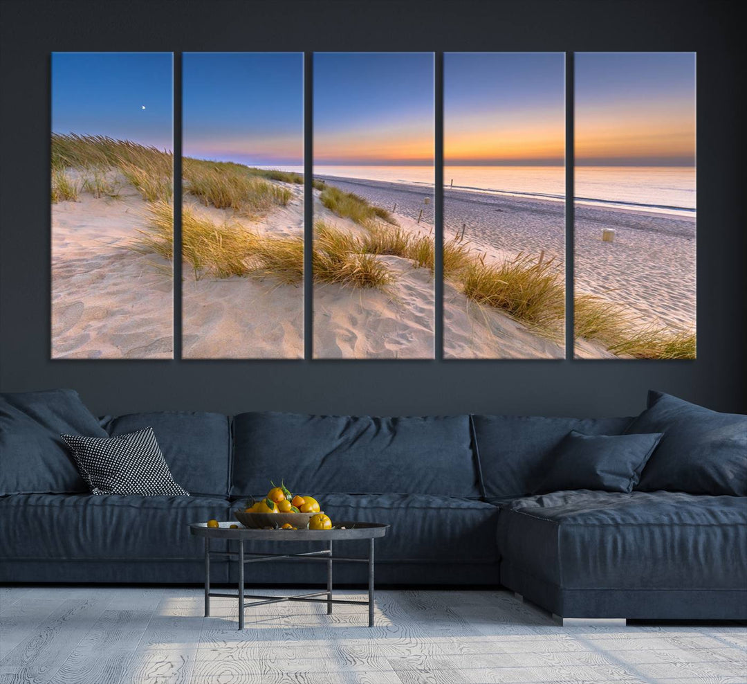 The cozy kitchen features the Sunrise On The Beach canvas art.