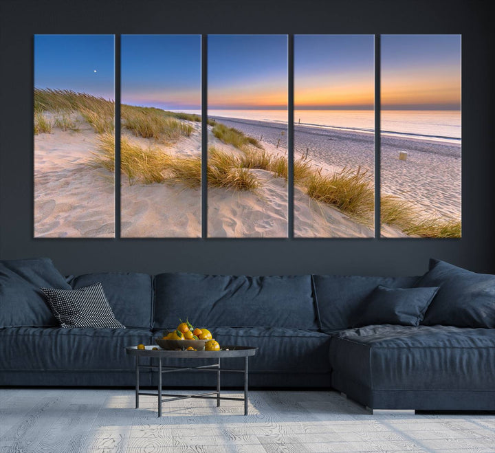 The cozy kitchen features the Sunrise On The Beach canvas art.