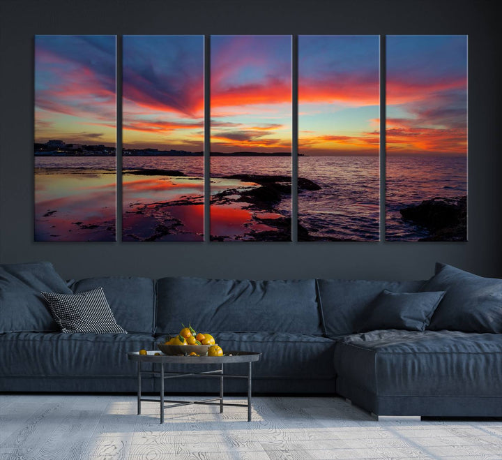 The Glorious Sunset on The Beach canvas print adorns the dining room.