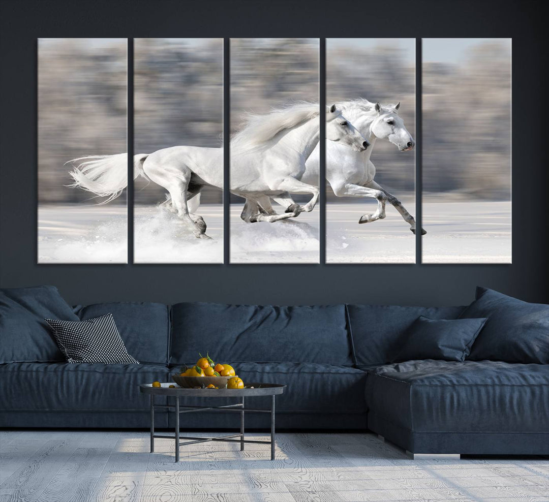 Museum-quality All The White Horses canvas print of two white horses in snow, ready to hang.